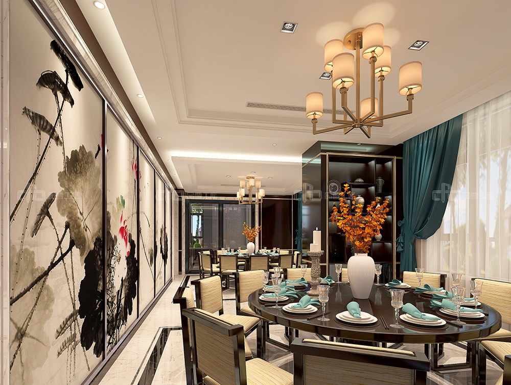 整木定制花鳥古韻新中式風(fēng)格，別墅全屋效果圖(圖4)